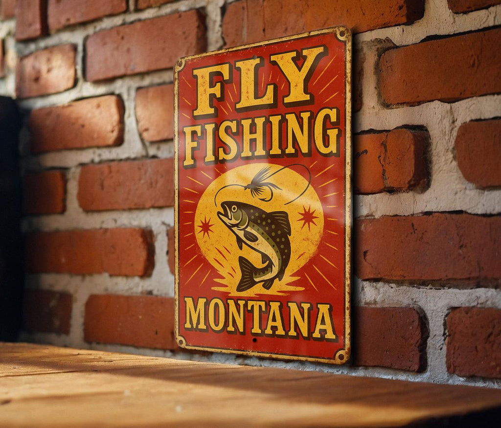 Vintage Fly Fishing Montana Metal Sign – Circus Poster Style, Red Yellow Tin Wall Art, Rustic Grunge Decor, Retro Cabin Gift — photo 1