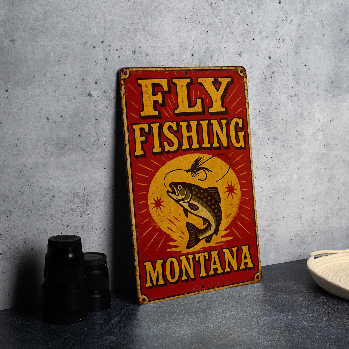 Vintage Fly Fishing Montana Metal Sign – Circus Poster Style, Red Yellow Tin Wall Art, Rustic Grunge Decor, Retro Cabin Gift — photo 3