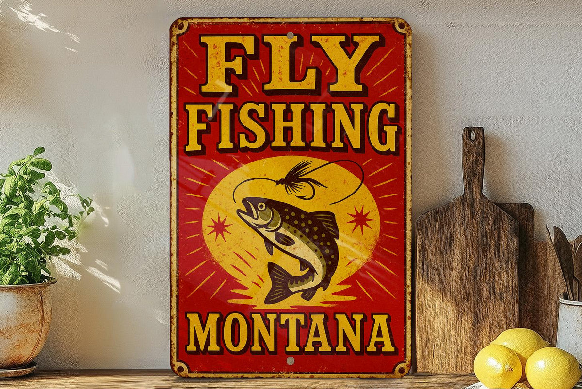 Vintage Fly Fishing Montana Metal Sign – Circus Poster Style, Red Yellow Tin Wall Art, Rustic Grunge Decor, Retro Cabin Gift — photo 4
