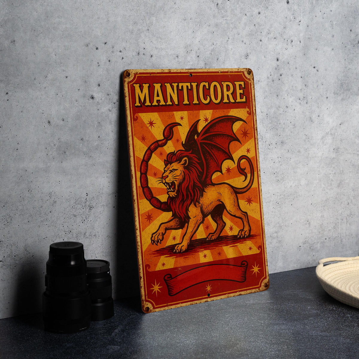 Vintage Manticore Circus Metal Sign – Retro Red & Yellow Tin Wall Art, Ornate Typography, Starburst Decor, Aged Poster Style — photo 1