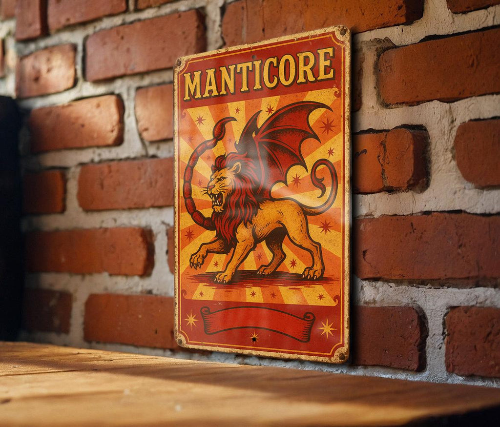 Vintage Manticore Circus Metal Sign – Retro Red & Yellow Tin Wall Art, Ornate Typography, Starburst Decor, Aged Poster Style — photo 2