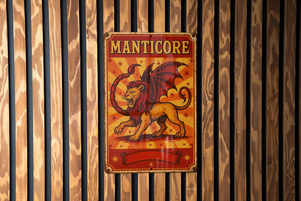 Vintage Manticore Circus Metal Sign – Retro Red & Yellow Tin Wall Art, Ornate Typography, Starburst Decor, Aged Poster Style — photo 3