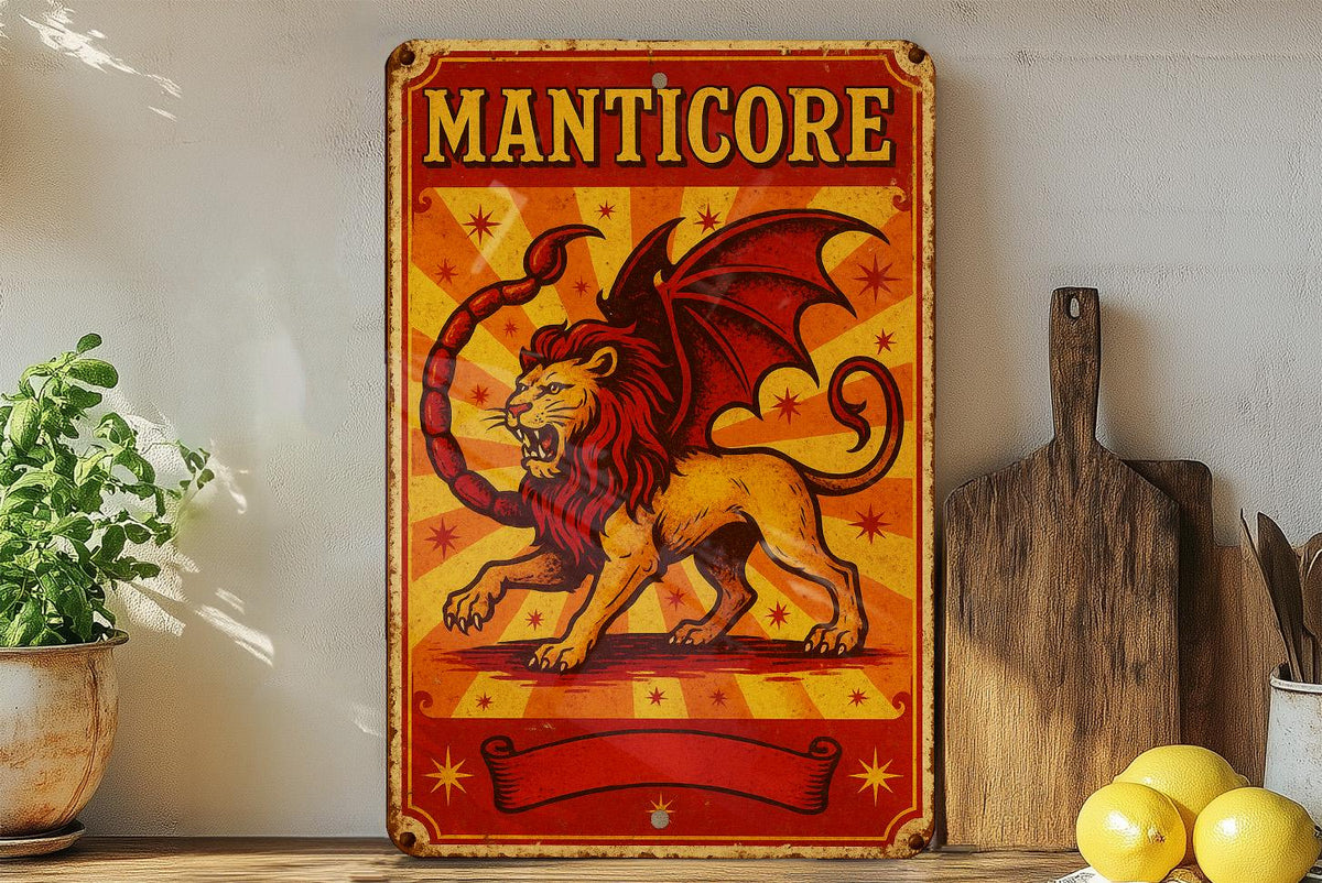 Vintage Manticore Circus Metal Sign – Retro Red & Yellow Tin Wall Art, Ornate Typography, Starburst Decor, Aged Poster Style — photo 4