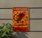 Vintage Manticore Circus Metal Sign – Retro Red & Yellow Tin Wall Art, Ornate Typography, Starburst Decor, Aged Poster Style — photo 5