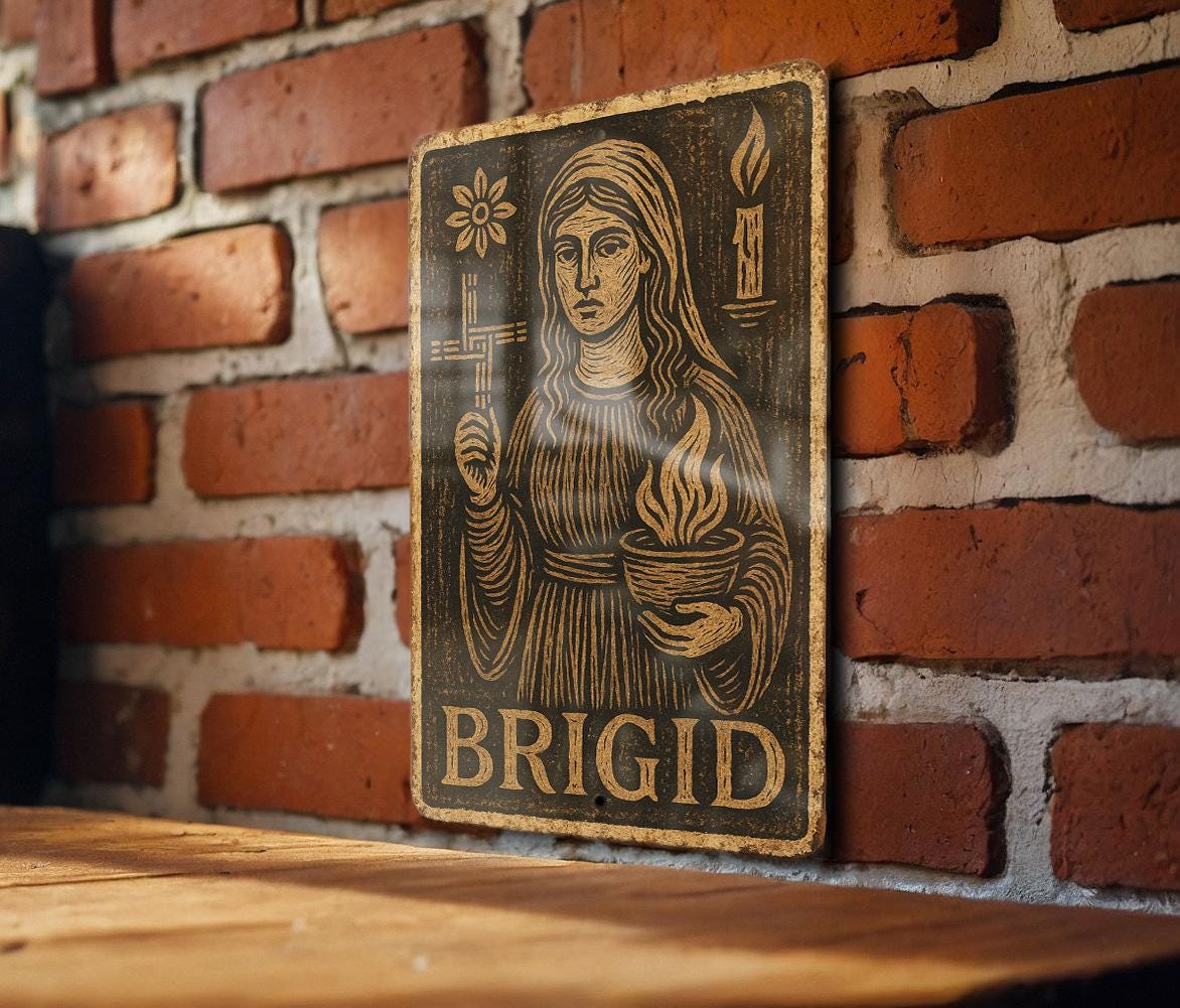 Vintage Brigid Folk Art Metal Sign – Woodcut Style Tin Wall Decor, Earthy Tones, Distressed Edges, Celtic Rustic Home Gift — photo 1