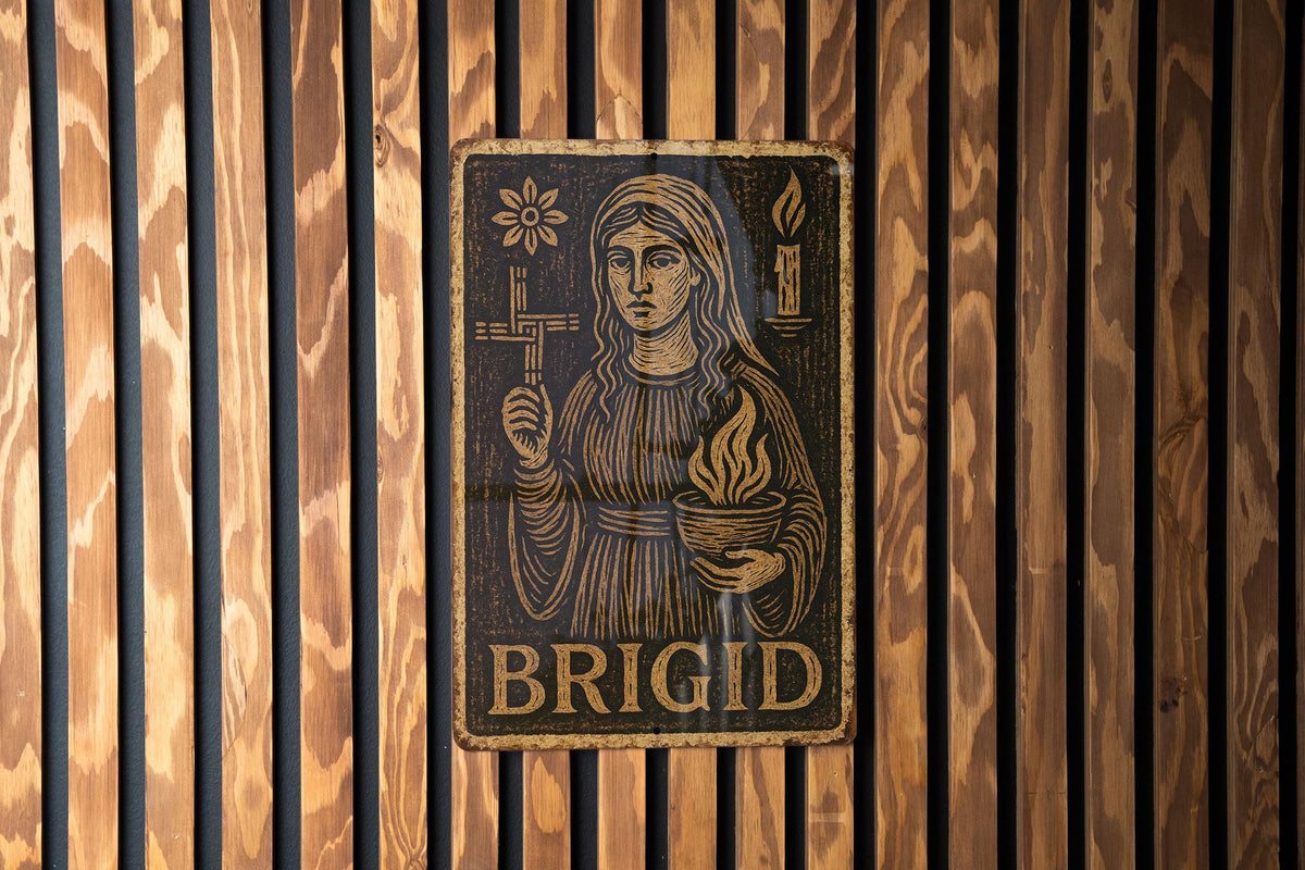 Vintage Brigid Folk Art Metal Sign – Woodcut Style Tin Wall Decor, Earthy Tones, Distressed Edges, Celtic Rustic Home Gift — photo 2