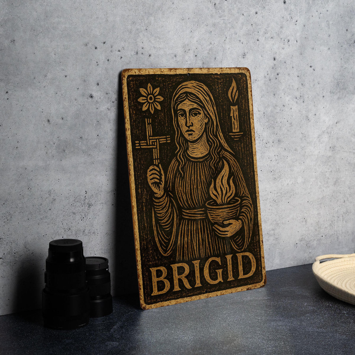 Vintage Brigid Folk Art Metal Sign – Woodcut Style Tin Wall Decor, Earthy Tones, Distressed Edges, Celtic Rustic Home Gift — photo 3