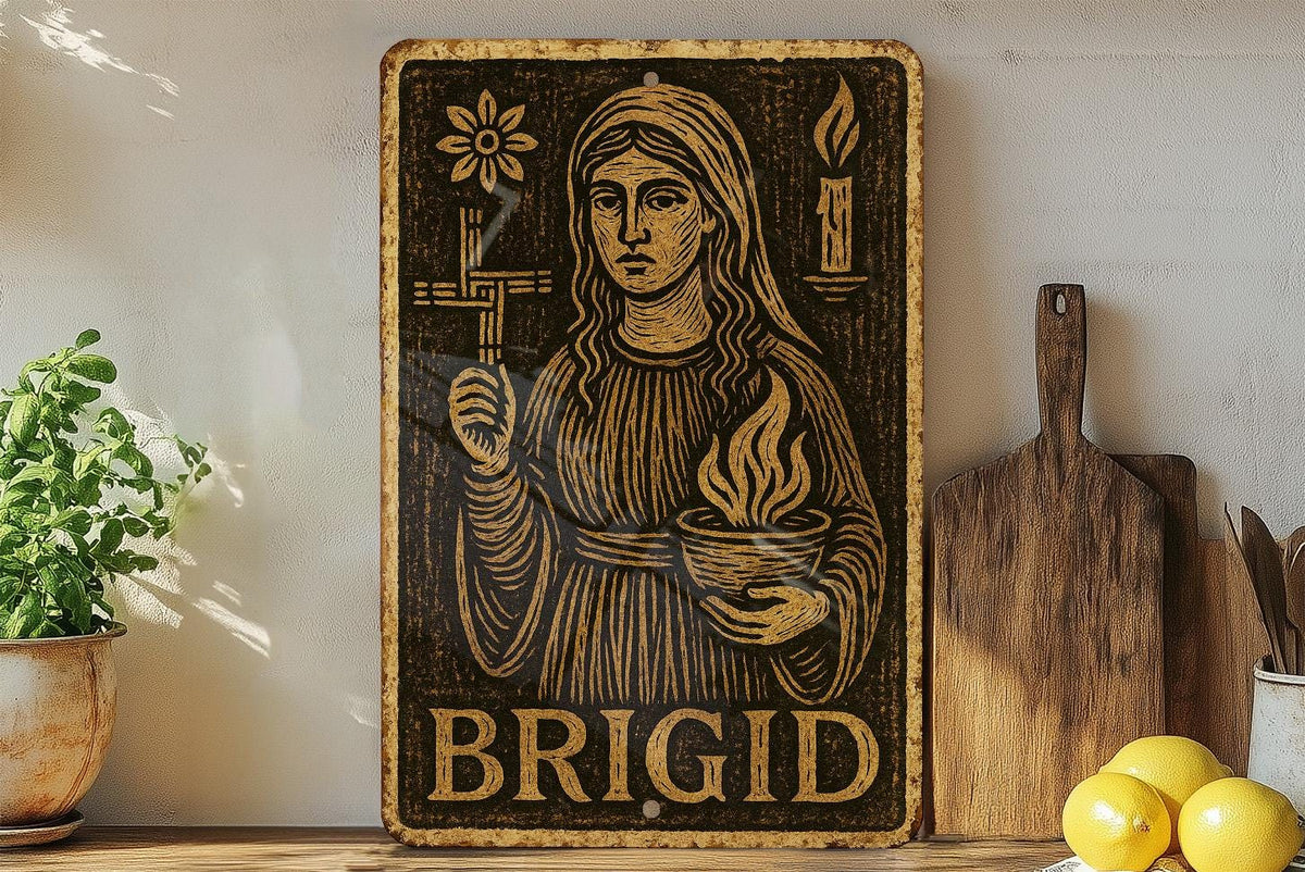 Vintage Brigid Folk Art Metal Sign – Woodcut Style Tin Wall Decor, Earthy Tones, Distressed Edges, Celtic Rustic Home Gift — photo 4