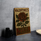 Vintage Folk Art Rose Garden Metal Sign – Distressed Tin Wall Decor, Woodcut Style, Earthy Colors, Rustic Valentine Gift — photo 1