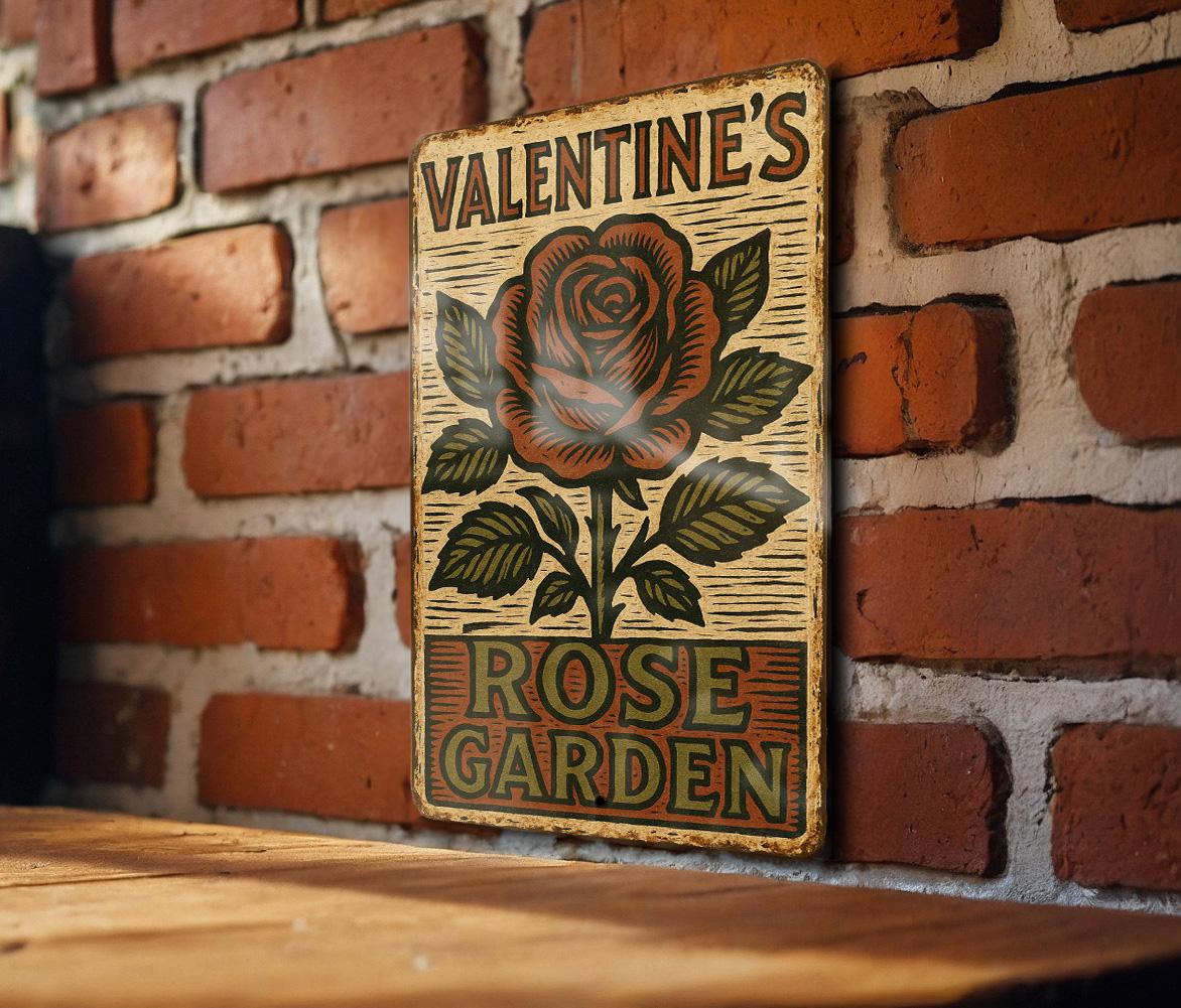 Vintage Folk Art Rose Garden Metal Sign – Distressed Tin Wall Decor, Woodcut Style, Earthy Colors, Rustic Valentine Gift — photo 2