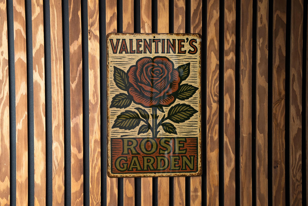 Vintage Folk Art Rose Garden Metal Sign – Distressed Tin Wall Decor, Woodcut Style, Earthy Colors, Rustic Valentine Gift — photo 3
