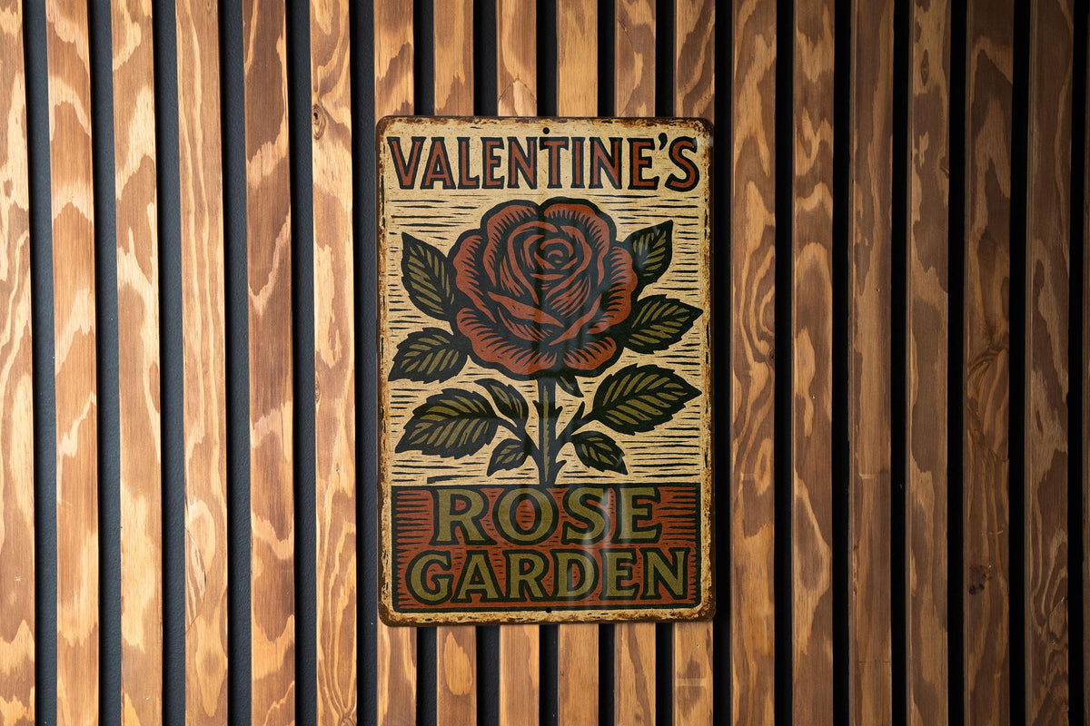 Vintage Folk Art Rose Garden Metal Sign – Distressed Tin Wall Decor, Woodcut Style, Earthy Colors, Rustic Valentine Gift — photo 3