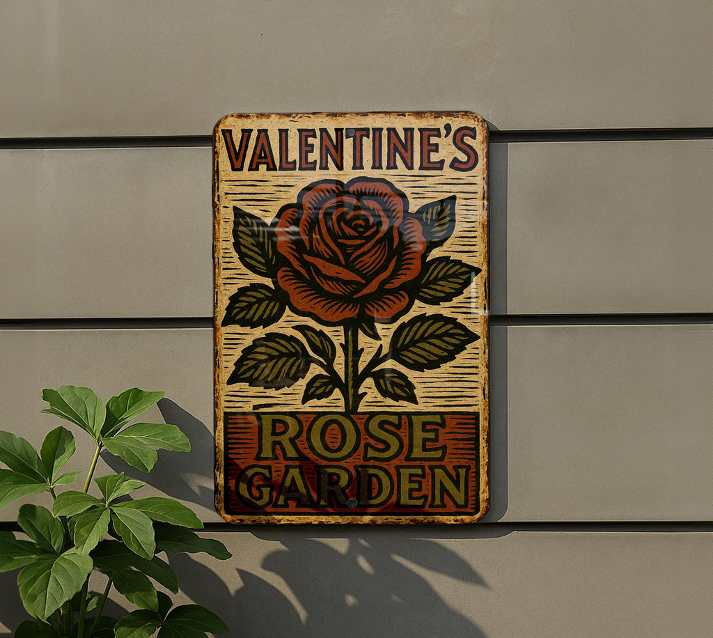 Vintage Folk Art Rose Garden Metal Sign – Distressed Tin Wall Decor, Woodcut Style, Earthy Colors, Rustic Valentine Gift — photo 5