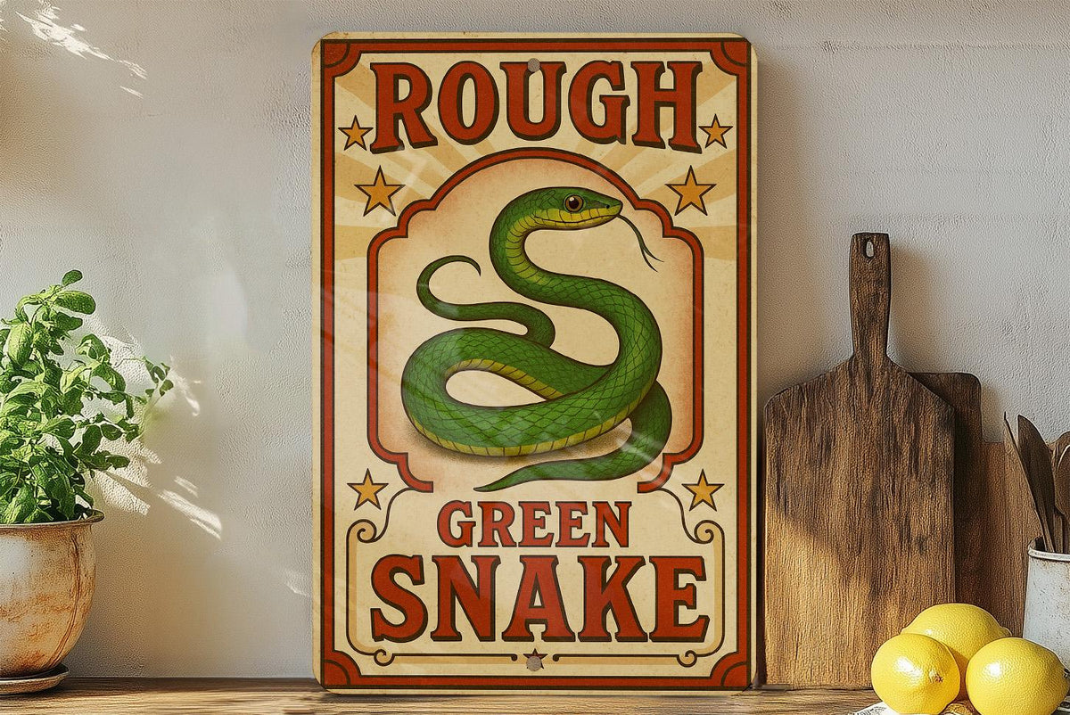 Vintage Circus Poster Style Metal Sign – Rough Green Snake Wall Art, Retro Reptile Decor, Antique Animal Illustration Plaque — photo 3