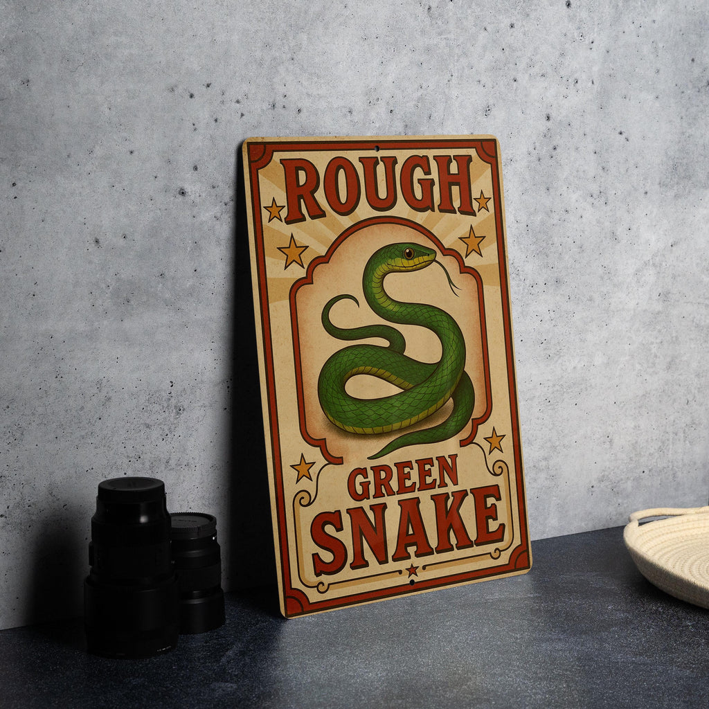 Vintage Circus Poster Style Metal Sign – Rough Green Snake Wall Art, Retro Reptile Decor, Antique Animal Illustration Plaque — photo 4