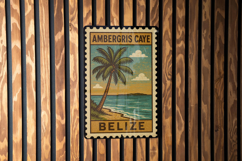 Ambergris Caye Belize Metal Sign – Vintage Stamp Style Wall Art for Beach House, Coastal Decor, Island Travel Souvenir — photo 1
