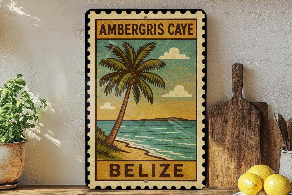 Ambergris Caye Belize Metal Sign – Vintage Stamp Style Wall Art for Beach House, Coastal Decor, Island Travel Souvenir — photo 2