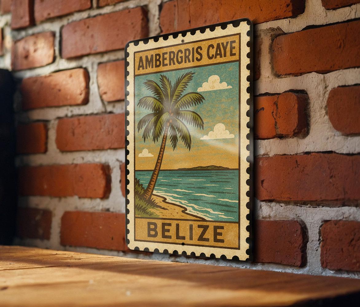 Ambergris Caye Belize Metal Sign – Vintage Stamp Style Wall Art for Beach House, Coastal Decor, Island Travel Souvenir — photo 3