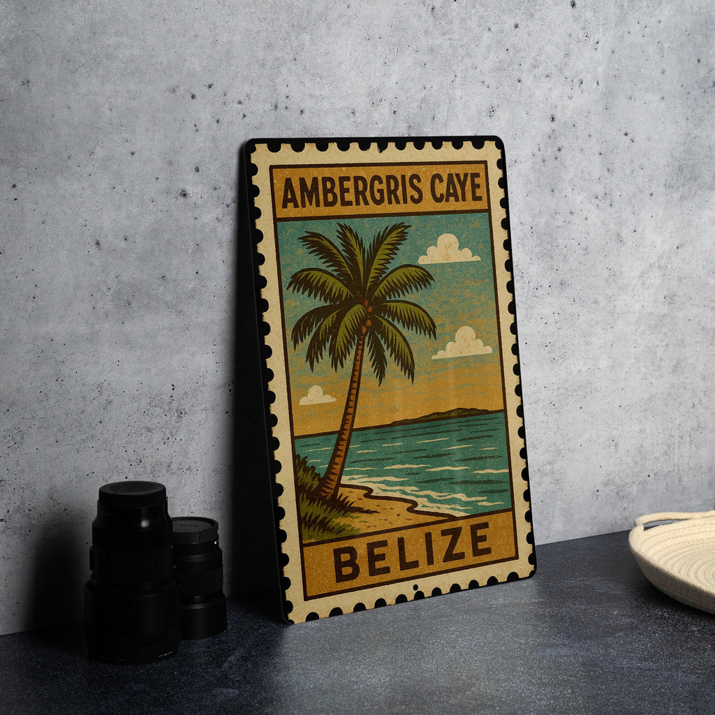 Ambergris Caye Belize Metal Sign – Vintage Stamp Style Wall Art for Beach House, Coastal Decor, Island Travel Souvenir — photo 4