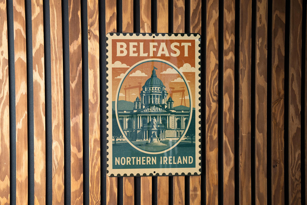 Belfast Northern Ireland Metal Sign – Vintage Stamp Style Wall Art, Rustic Travel Decor, Retro City Souvenir Plaque — photo 2