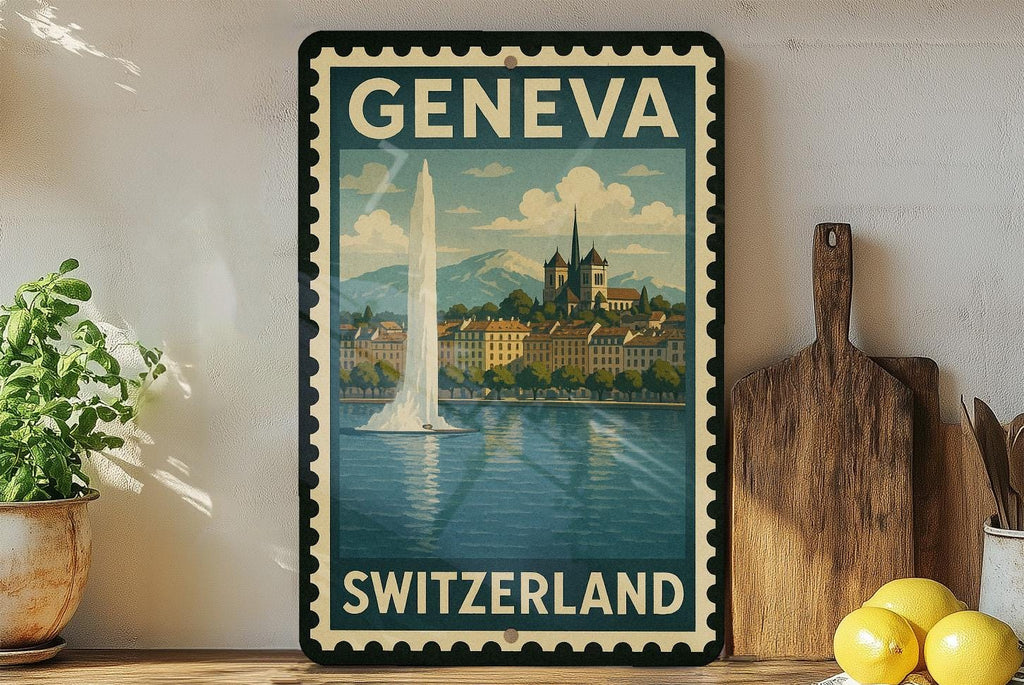 Geneva Switzerland Metal Sign – Vintage Travel Stamp Style Wall Art, Rustic Swiss City Decor, Retro Tin Plaque Collectible — photo 2