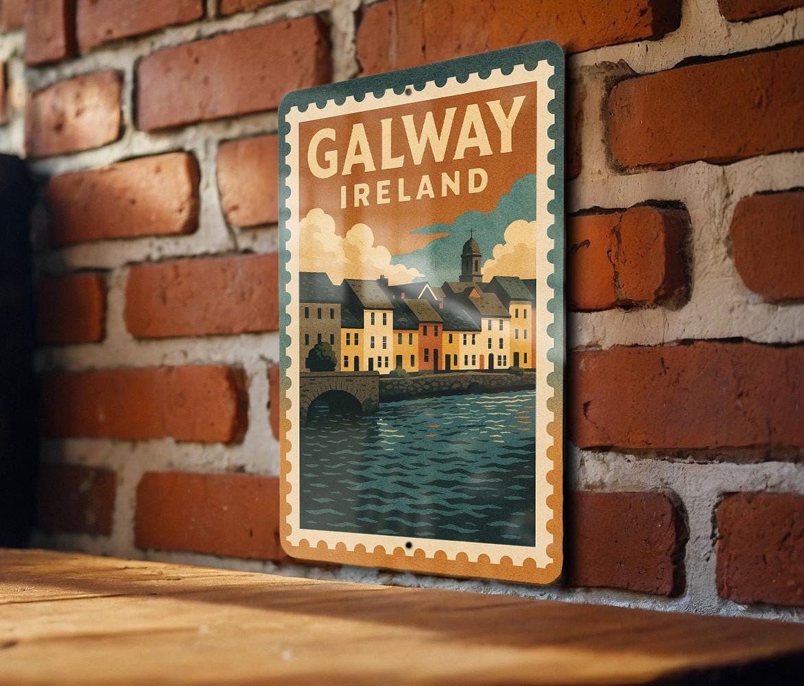 Galway Ireland Metal Sign – Vintage Stamp Style Wall Art, Irish Travel Decor, Rustic Souvenir for Home or Bar — photo 1