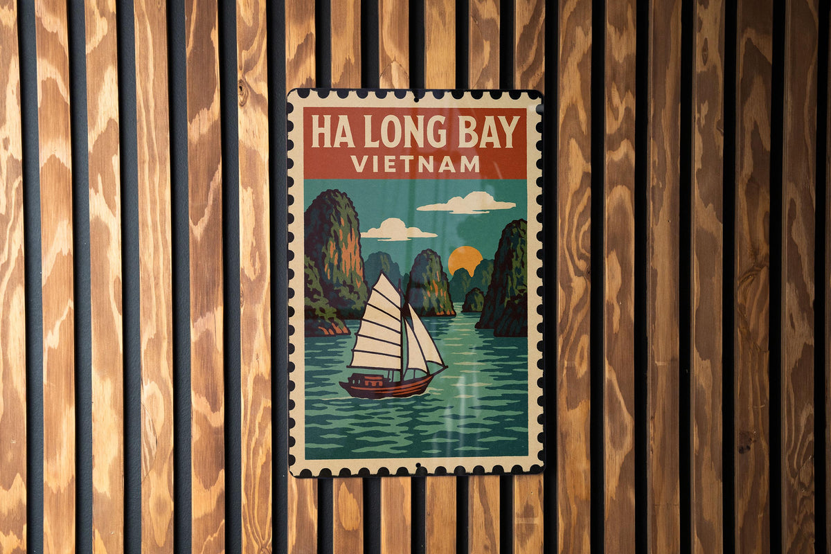 Ha Long Bay Vietnam Metal Sign – Vintage Travel Stamp Style Wall Art, Retro Tin Decor for Home or Office Display — photo 1