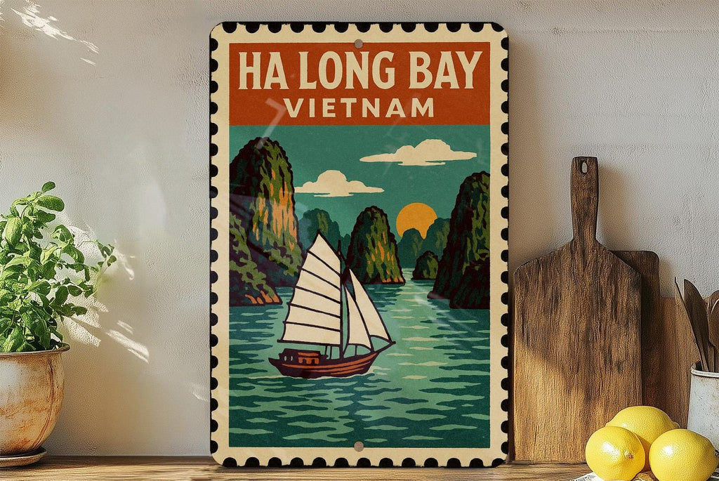 Ha Long Bay Vietnam Metal Sign – Vintage Travel Stamp Style Wall Art, Retro Tin Decor for Home or Office Display — photo 3