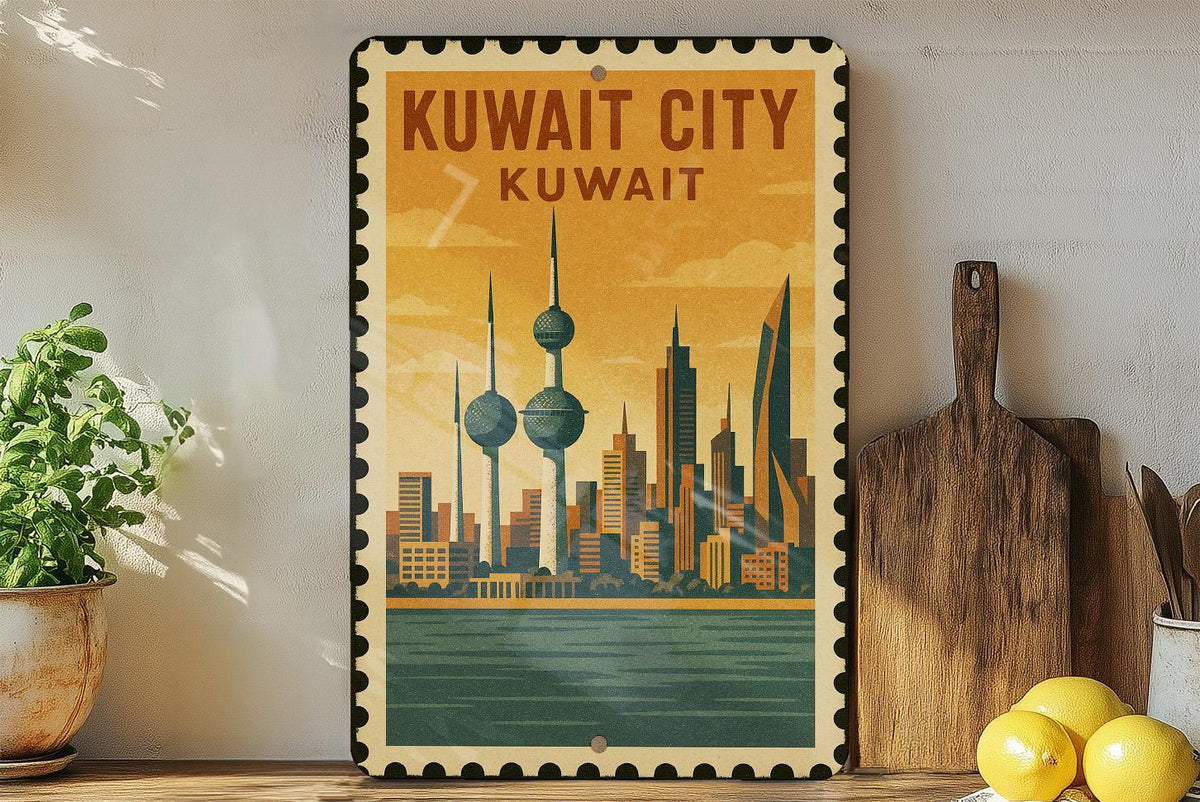 Kuwait City Metal Sign – Vintage Stamp Style Wall Art, Kuwait Skyline Decor, Travel Souvenir, Rustic Metal Wall Plaque — photo 3