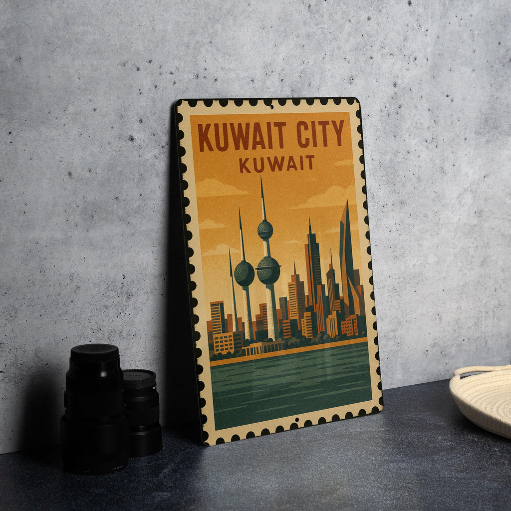 Kuwait City Metal Sign – Vintage Stamp Style Wall Art, Kuwait Skyline Decor, Travel Souvenir, Rustic Metal Wall Plaque — photo 4