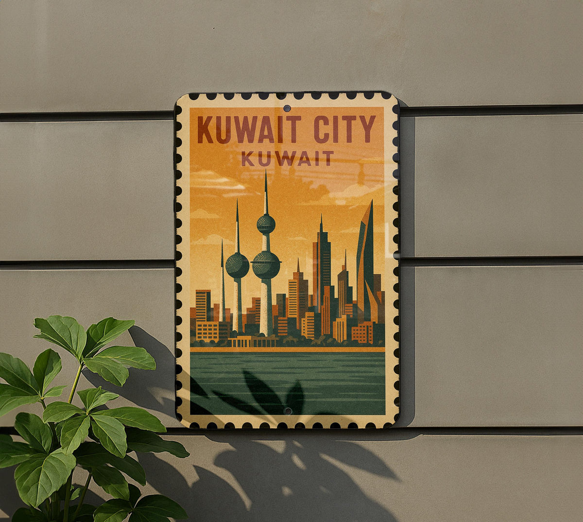 Kuwait City Metal Sign – Vintage Stamp Style Wall Art, Kuwait Skyline Decor, Travel Souvenir, Rustic Metal Wall Plaque — photo 5