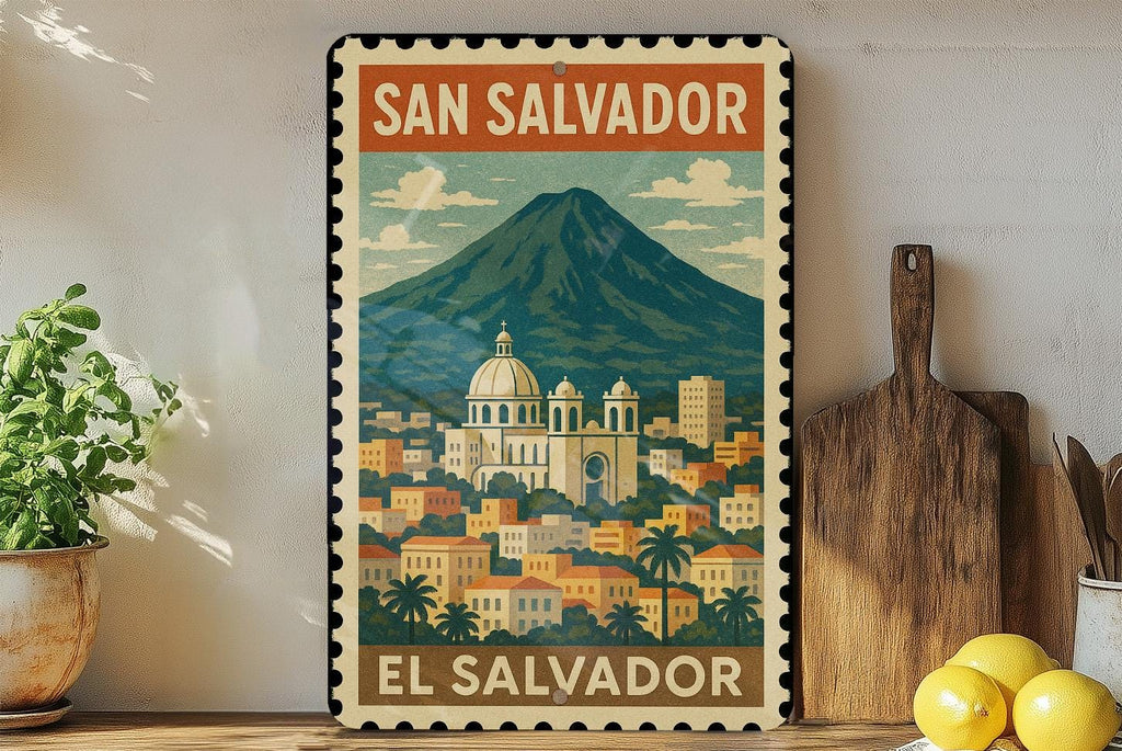 San Salvador El Salvador Metal Sign – Vintage Stamp Style Wall Art, Rustic Country Decor, Travel Souvenir Tin Plaque — photo 1