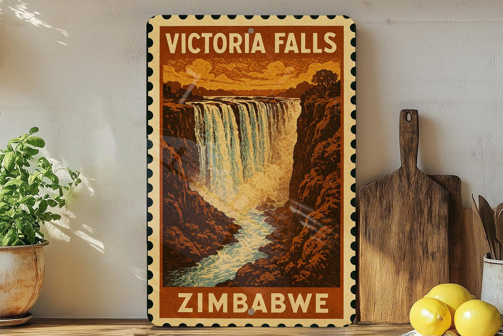 Victoria Falls Zimbabwe Metal Sign – Vintage Travel Stamp Style Wall Art for Home, Office, Bar, or Man Cave Decor — photo 1