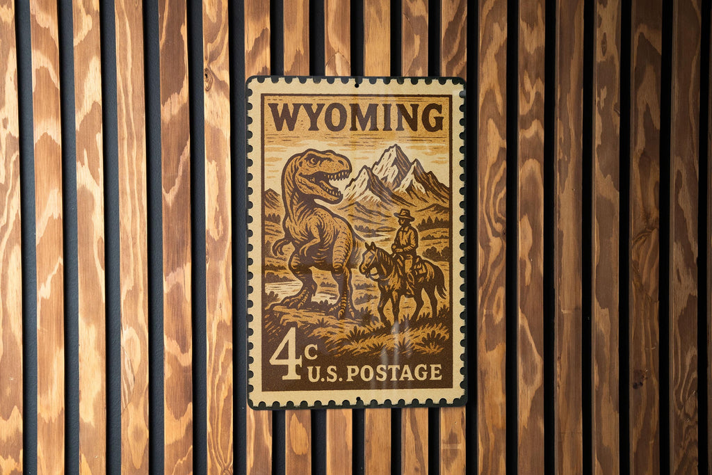 Wyoming Stamp Metal Sign – Vintage State Art, Rustic Wall Decor, Western Home Accent, Retro Travel Souvenir Sign — photo 1