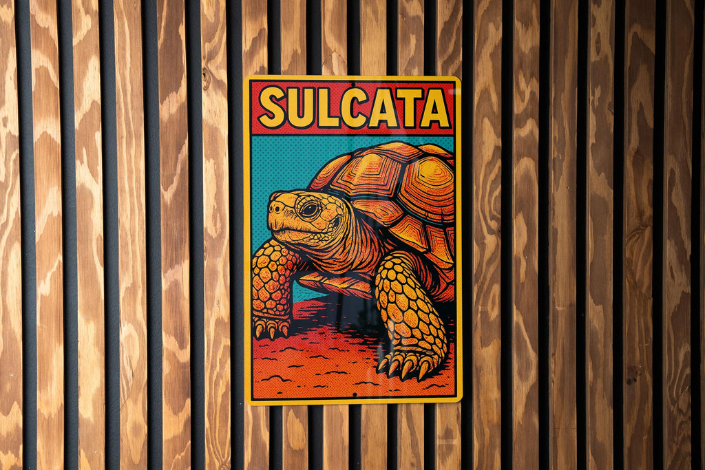 Pop Art Sulcata Tortoise Metal Sign – Bold Comic Style Wall Decor, Retro Reptile Artwork for Home or Garden — photo 1