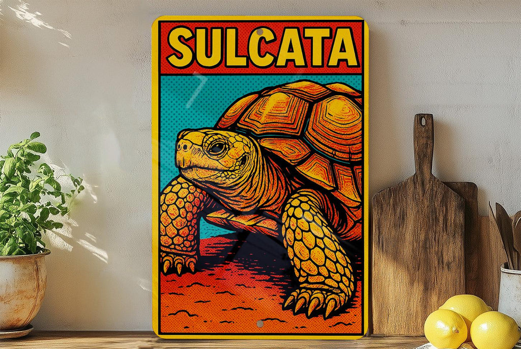 Pop Art Sulcata Tortoise Metal Sign – Bold Comic Style Wall Decor, Retro Reptile Artwork for Home or Garden — photo 3