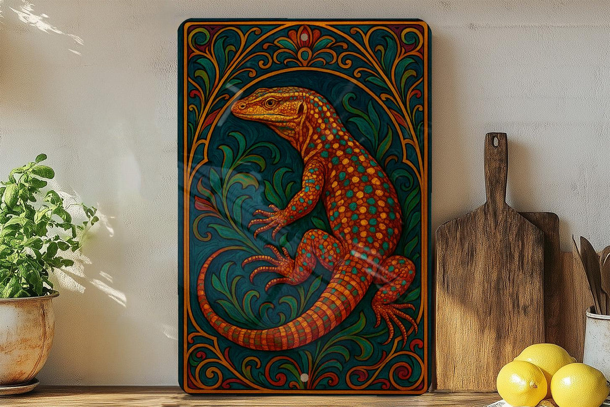 Ackie Monitor Metal Sign – Art Nouveau Style Lizard Wall Decor, Jewel-Tone Reptile Art for Home or Terrarium Display — photo 1