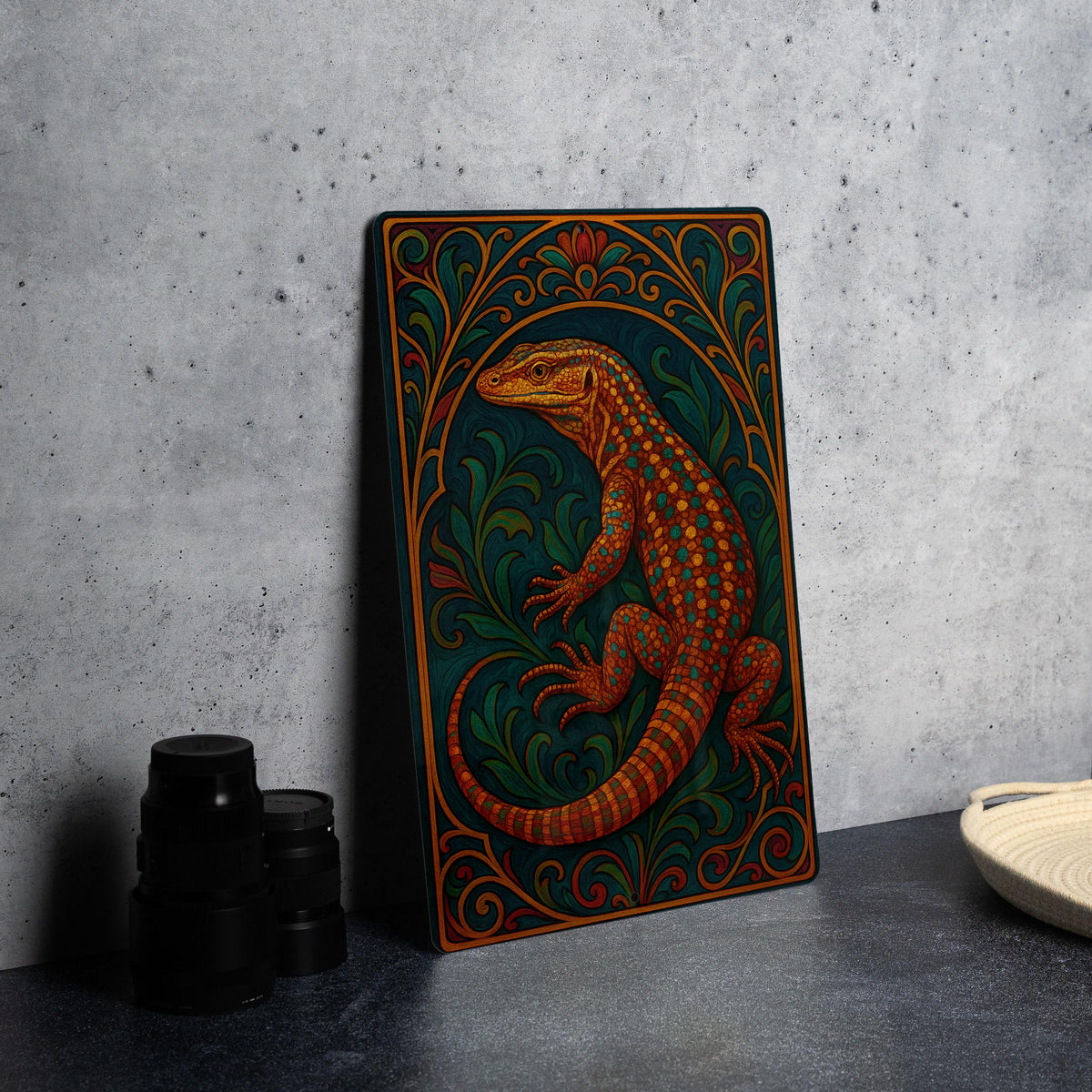 Ackie Monitor Metal Sign – Art Nouveau Style Lizard Wall Decor, Jewel-Tone Reptile Art for Home or Terrarium Display — photo 4