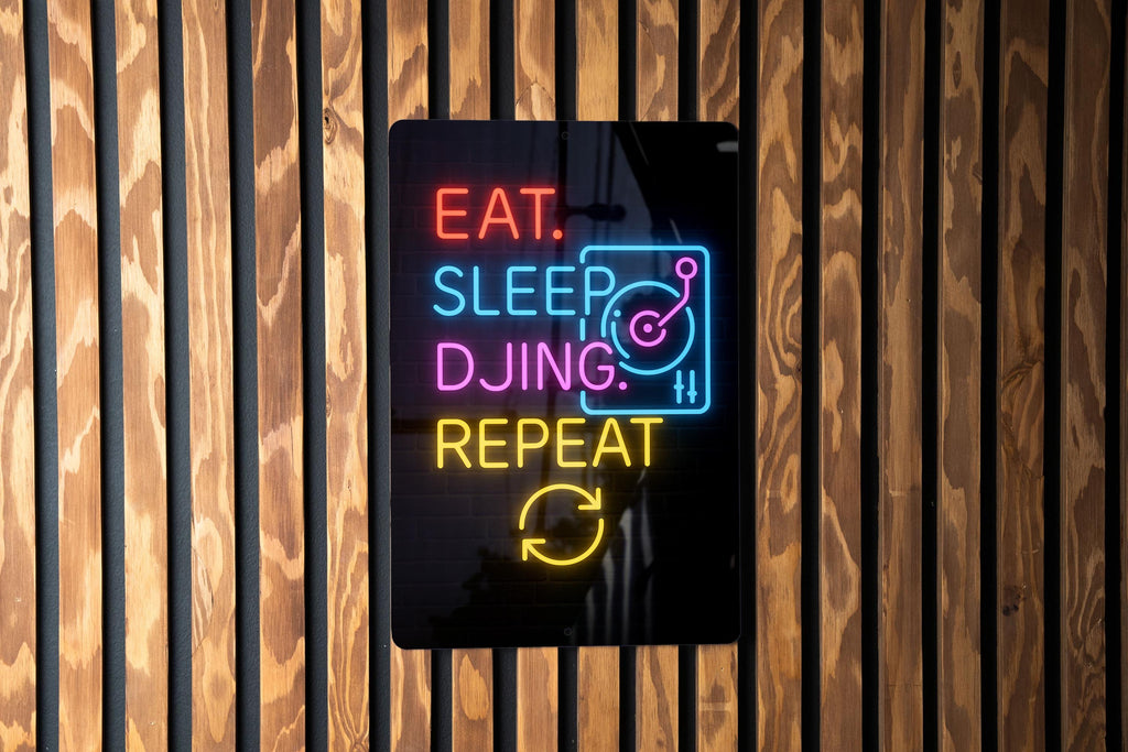 Eat Sleep DJing Repeat Neon DJ Turntable Metal Sign – Vertical 2:3 Wall Decor for Music Lovers, Club, Studio, or Man Cave — photo 2
