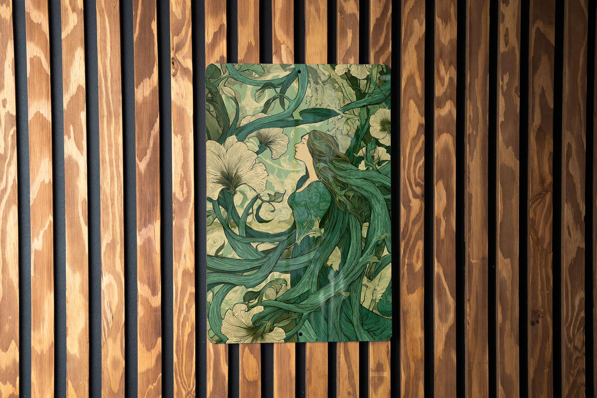 Art Nouveau Forest Nymph Metal Sign – Floral Woods Vintage-Style Wall Art, Emerald Cream Decor, Curled Vines Illustration — photo 1