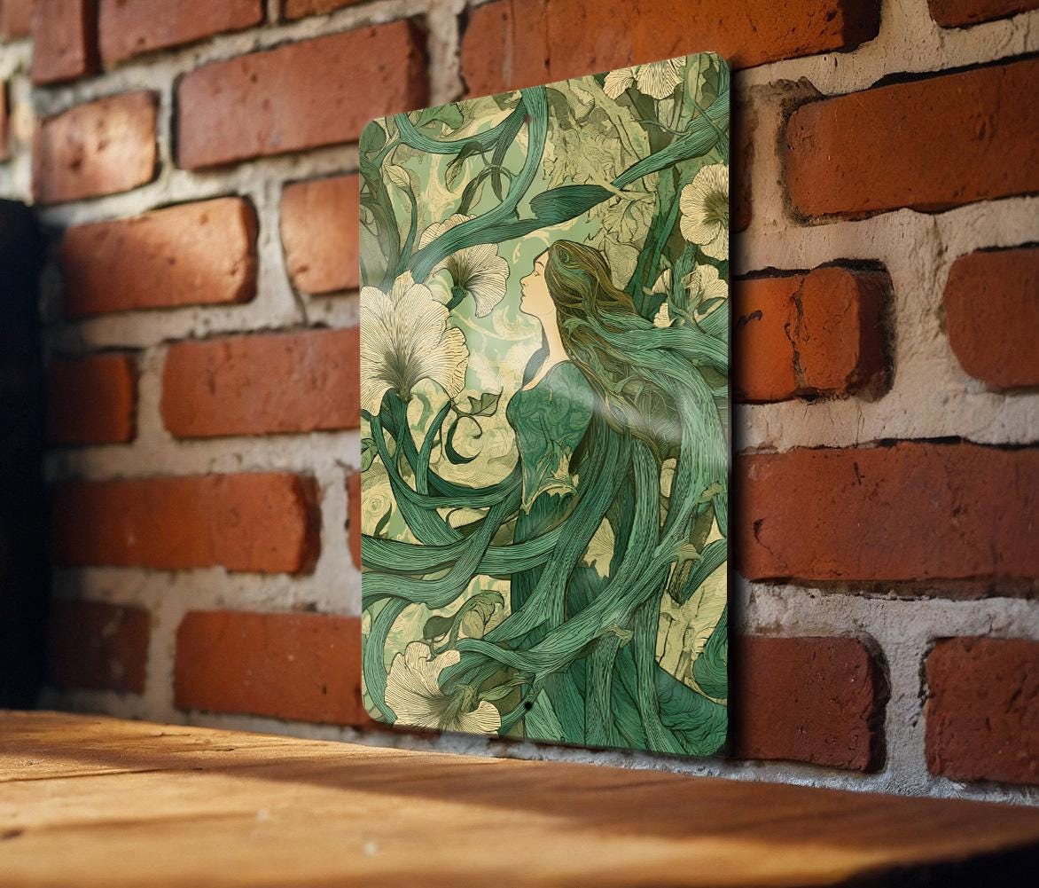 Art Nouveau Forest Nymph Metal Sign – Floral Woods Vintage-Style Wall Art, Emerald Cream Decor, Curled Vines Illustration — photo 3