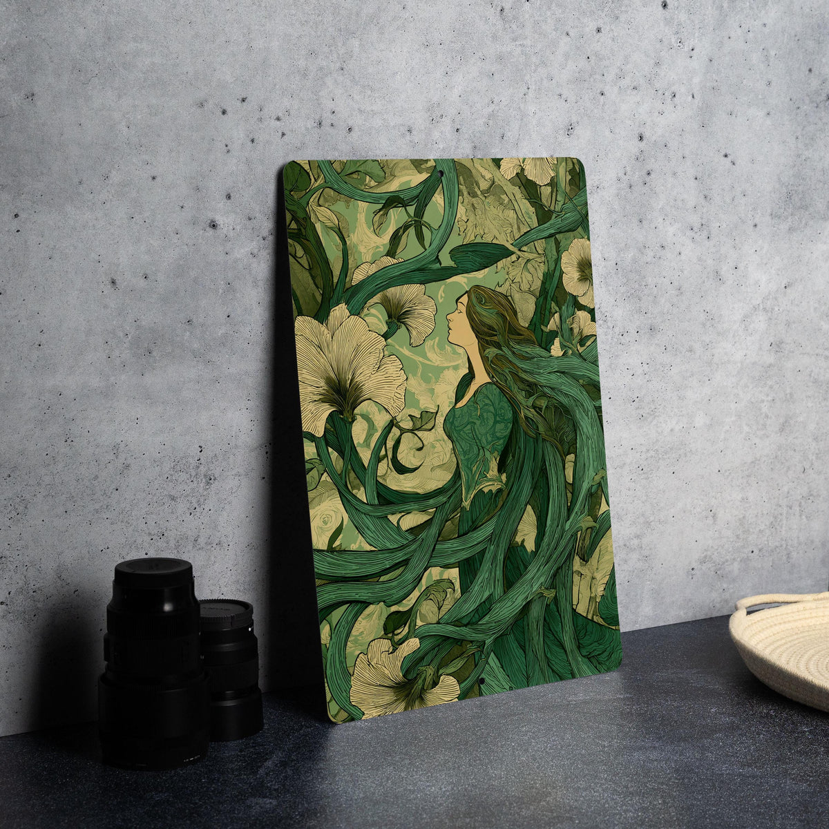 Art Nouveau Forest Nymph Metal Sign – Floral Woods Vintage-Style Wall Art, Emerald Cream Decor, Curled Vines Illustration — photo 4