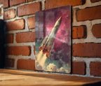 Retro Sci-Fi Metal Sign – Rocket Launch, Pulp Paperback Art, Starry Nebula, Vintage Space Decor, Worn Cover Look — photo 1