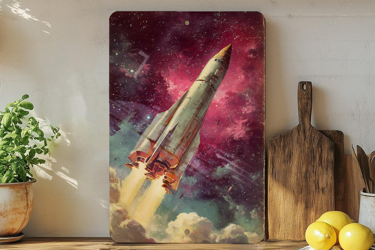 Retro Sci-Fi Metal Sign – Rocket Launch, Pulp Paperback Art, Starry Nebula, Vintage Space Decor, Worn Cover Look — photo 2