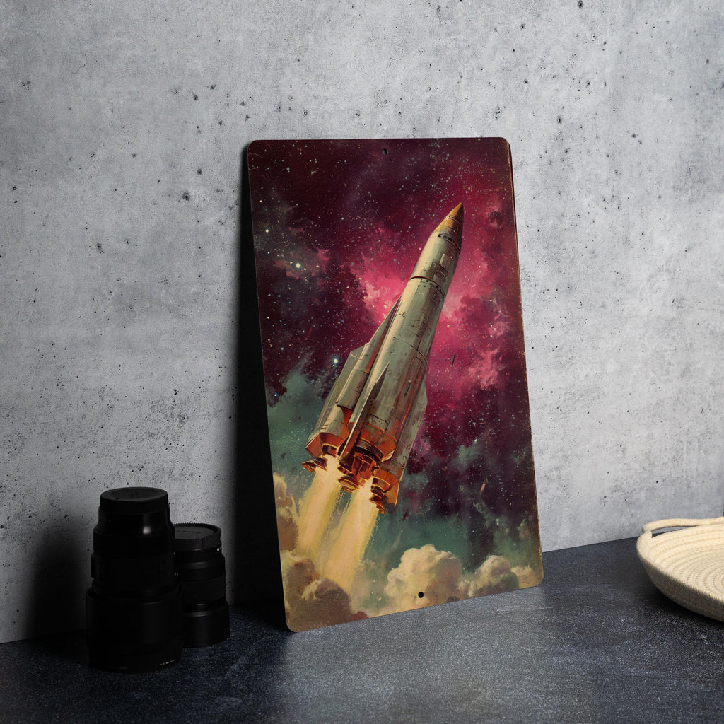 Retro Sci-Fi Metal Sign – Rocket Launch, Pulp Paperback Art, Starry Nebula, Vintage Space Decor, Worn Cover Look — photo 4