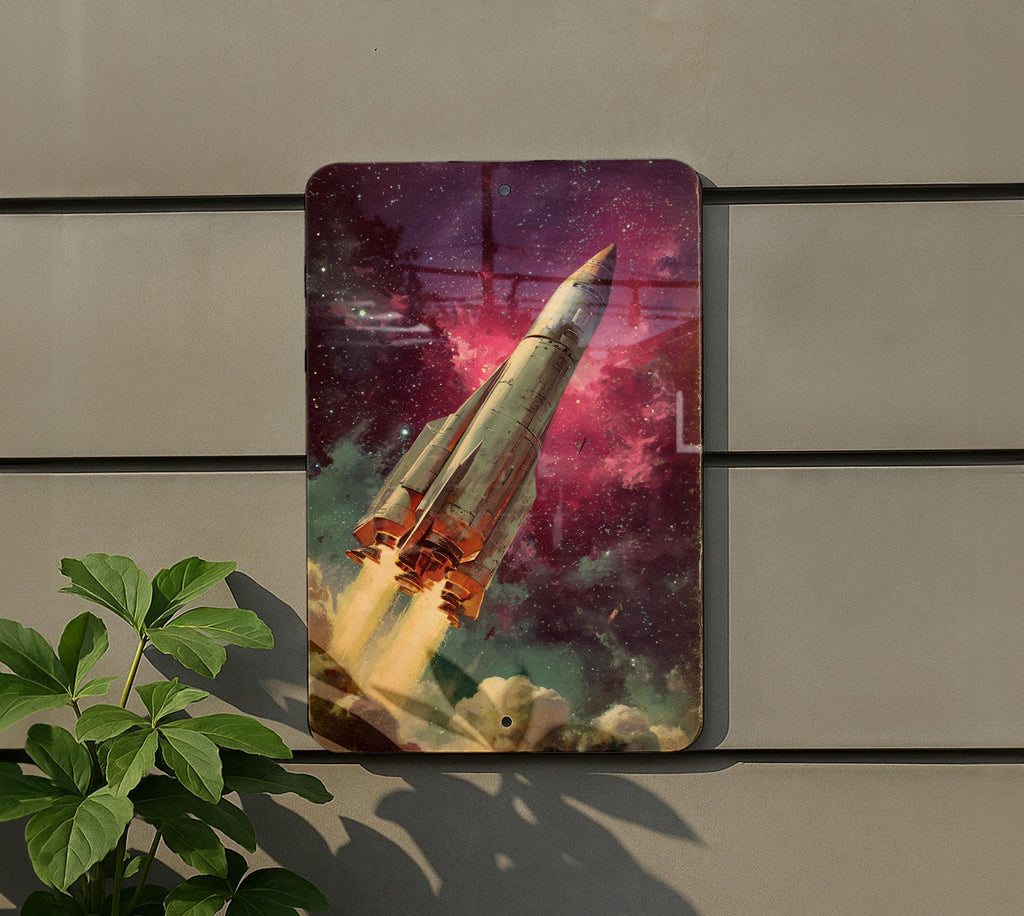 Retro Sci-Fi Metal Sign – Rocket Launch, Pulp Paperback Art, Starry Nebula, Vintage Space Decor, Worn Cover Look — photo 5