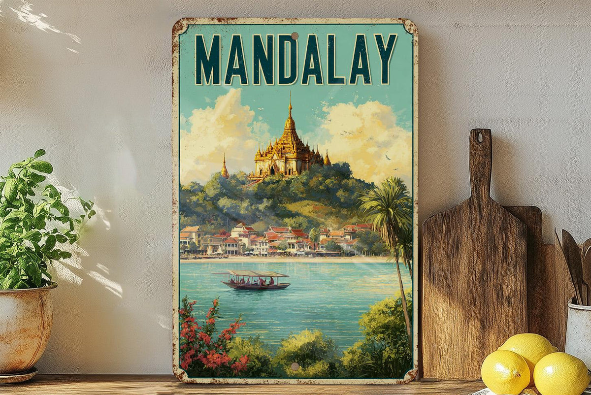 Retro Mandalay Travel Poster Tin Sign – Vintage Burma Wall Art, Metal Decor for Home, Bar, or Office — photo 1
