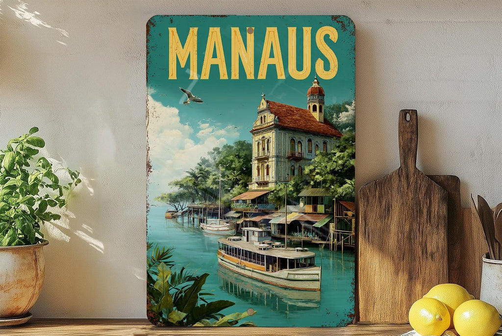 Retro Manaus Travel Poster Tin Sign – Vintage Brazil Wall Art, Metal Decor for Home, Bar, Garage, or Man Cave — photo 1