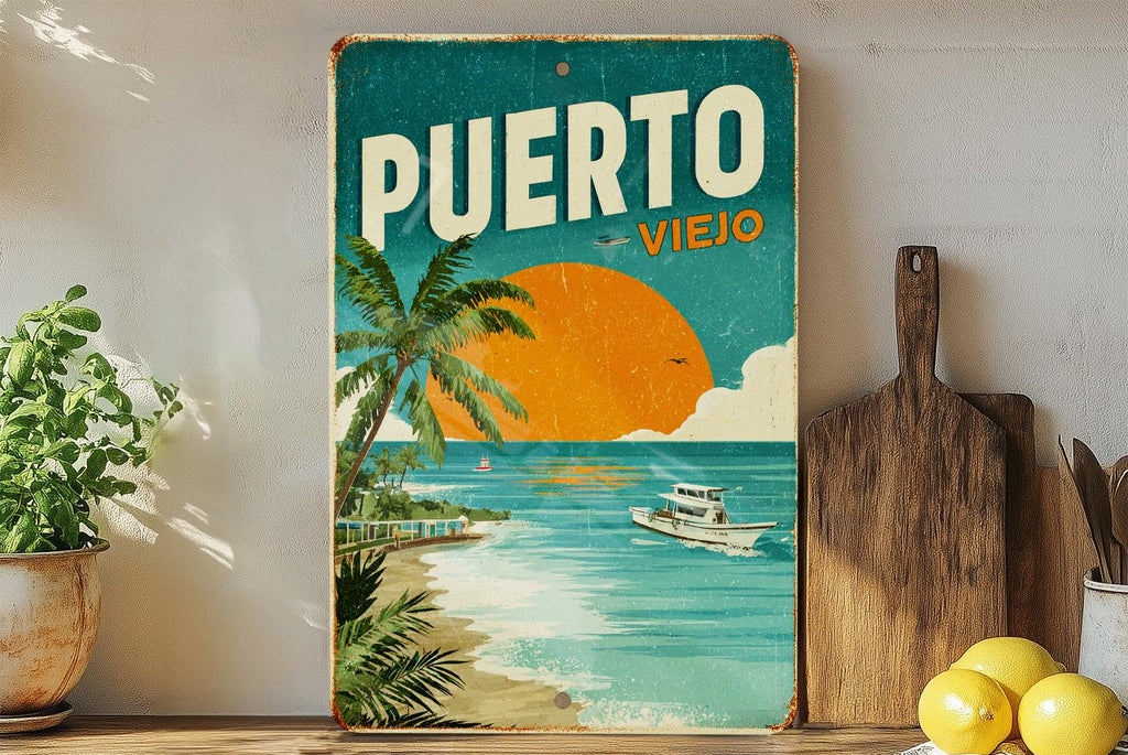 Puerto Viejo Retro Travel Poster Tin Sign – Vintage Style Puerto Rico Metal Wall Art for Home or Bar Decor — photo 1