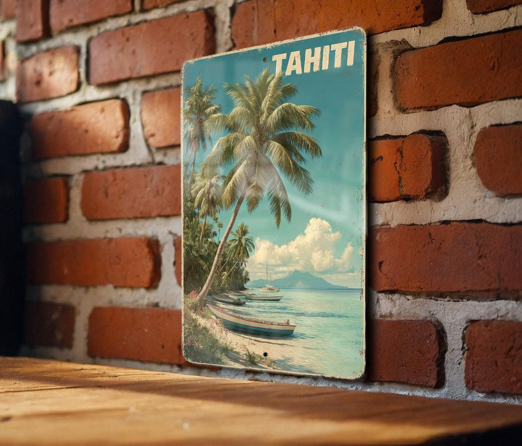 Retro Tahiti Travel Poster Metal Sign – Vintage Island Wall Decor, Tropical Beach Tin Art for Home or Bar — photo 1